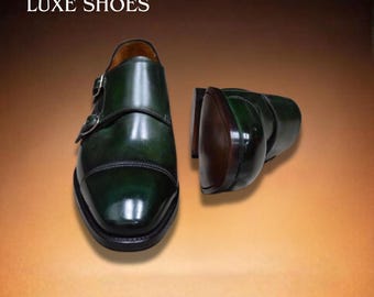 Handmade Men's Emerald Green Double Monk Strap Shoes - Patina Finish Cowhide Leather