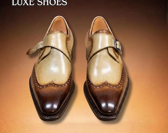 Handmade Men's Hand-Painted Single Monk Strap Wingtips - Luxury Artisan Two-Tone Brogues