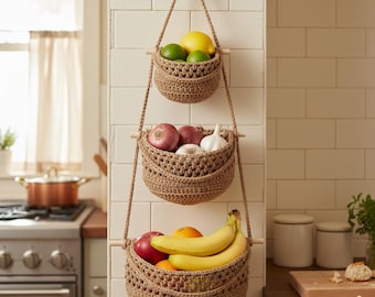 Hanging Fruit Basket 3 Tier, Handmade Macrame Fruit Basket & Fruit Hammock, Vegetable Basket, Macrame Storage for Fruit Organization