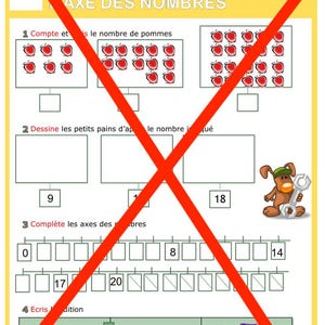 Puede incluir: Hoja de trabajo educativa para niños con ejercicios de conteo y reconocimiento de números. La hoja de trabajo incluye imágenes de manzanas, espacios para dibujar y rectas numéricas. El texto está en francés.