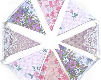Bunting - Vintage Purple Pink  Floral & Lace Flags . Home Decoration . Birthday - Party decor . Sustainable Handmade