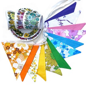 Bunting - Retro RAINBOW Multi-Colour Vintage Floral & Plain Fabric Flags . HANDMADE . Corporate Events, Birthday Parties, Garden Party
