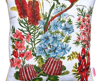 Australian Wildflowers Cushion made from a linen Vintage Retro Tea Towel - HANDMADE , upcycled. Christmas BIRTHDAY Gift