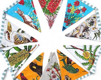 BUNTING - Australian Birds, Animals & Wildflowers Linen Fabric Flags . Handmade . OOAK . Banner Decoration . Made in Australia