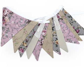 Tea Party Bunting - Country Roses & Vintage Handmade Lace Floral Fabric Flags . High Tea Party Decoration. Garden Party Banner, Market Stall
