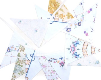 High Tea Bunting - Vintage Embroidery / Cross Stitch & Floral Fabric Flags - Garden Party .  Birthday , Weddings , Kitchen Tea . HANDMADE