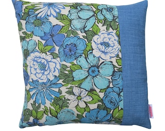 Vintage Blue Floral Two Tone Cushion Cover , Handmade Vintage , Upcycled , Mother's Day ,  BIRTHDAY