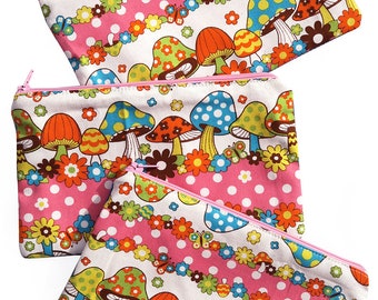 Retro Mushrooms PENCIL CASE zippered pouch . Handmade . Ladies, Adult, Teen . Birthday Christmas Gift Idea