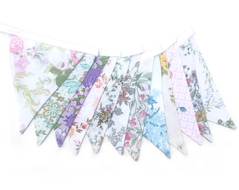 Flag Bunting Vintage - Retro Pretty Spring Pastel & Ivory / White Multi-Colour Floral Flags . HANDMADE . Kitchen High Tea Party, Wedding