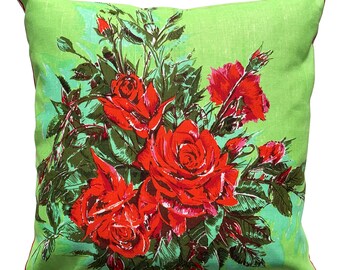 Red Roses Flowers on Green - Vintage Retro Linen Cushion  -  HANDMADE , upcycled . Christmas -  BIRTHDAY Gift