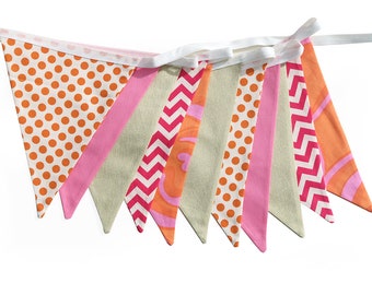 Hot Pink Chevron, Orange Dots and Gold Flag Bunting. On Trend - Colour Brights Party, Celebrations Banner Home Decoration.