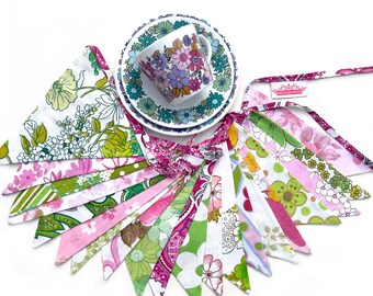 Bunting - Retro Pink Green Multi Vintage Floral Flags . Extra long . HANDMADE . Events, Birthday Parties, Garden Party 4.6m