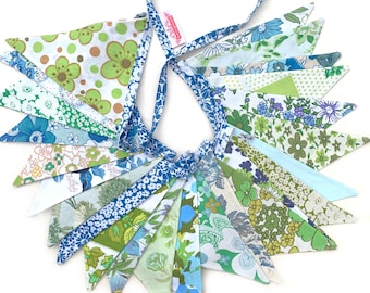 Bunting - Retro Blue Green Multi Vintage Floral Flags . Handmade . Events, Birthday Parties, One of a Kind * 5.20m