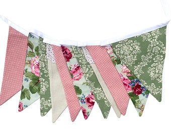 Bunting Vintage - Modern Roses & Doily Lace Floral Fabric Flags . Garden Tea Party Decoration. Party Banner, Market Stall