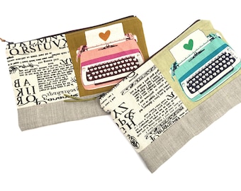 Typewriter & Type - Large zip POUCH or zippered Pencil Case . Gift Idea . Handmade . Adult, Teen, Teacher's Gift . Birthday Gift