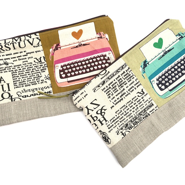 Typewriter & Type - Large zip POUCH or zippered Pencil Case . Gift Idea . Handmade . Adult, Teen, Teacher's Gift . Birthday Gift