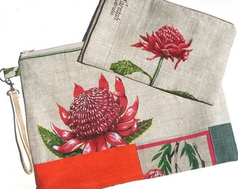 Australian EXTRA LARGE Clutch Case Linen Zippered Pouch .  WARATAH - Choose one . Eco - Upcycled . Birthday Christmas Gift Idea