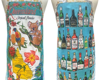 Metro Retro QUEENSLAND Australia or Alcohol SPIRITS Bottles Linen Ladies Kitchen Apron. Choose One . Birthday - Christmas Gift Idea