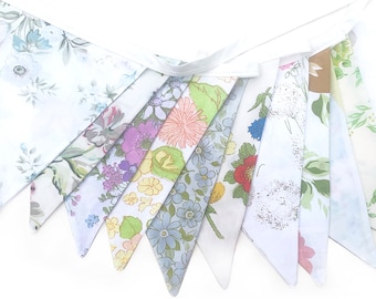 Flag Bunting Vintage - Retro Pretty Spring Pastel & Ivory / White Multi-Colour Floral Flags . HANDMADE . Kitchen High Tea Party, Wedding
