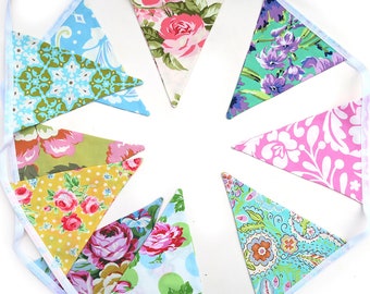 BUNTING Designer Fabric Roses & Floral Flags .  Handmade . Wall hanging, Birthday Party Banner, Special Event, Celebration