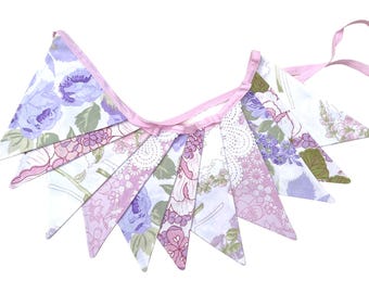 Flag Bunting - Pretty Pink Purple & White Floral Vintage Florals . Boho Shabby Chic . Garden Party Decor , High Tea / Kitchen Tea Wedding