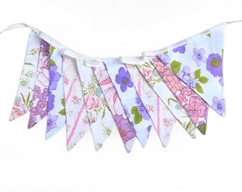 Bunting - Vintage Purple pink green Floral & Lace Flags . Home Decoration . Birthday - Party decor . Sustainable Handmade