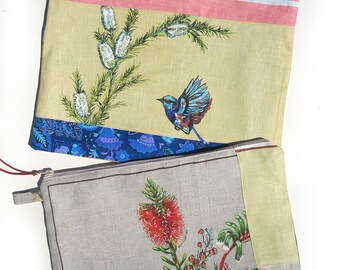 Australian LARGE Clutch Case Linen Zippered Pouch . Blue Wren or Bottlebrush - Choose One . Eco - Upcycled . Christmas - Birthday Gift