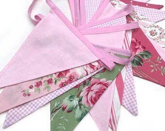 Barefoot Roses Pink & Green Flag Bunting.  HANDMADE . Wall hanging, Birthday Party Banner, Market Stall Decoration . Made in Australia