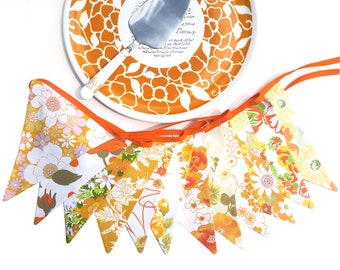 Bunting Vintage - Retro Multi Orange Yellow Green Floral Flags  . 'Summer & Sunshine'  Decoration . Flower Power Birthday