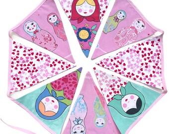 Flag Bunting  - Russian Dolls , Upcycled fabric Flags  . Party Decoration. Home Pennant . Sustainable