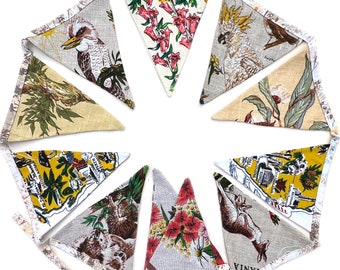 BUNTING - Australian Birds, Animals & Wildflowers Linen Fabric Flags . Handmade . OOAK . Banner Decoration . Made in Australia