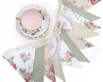 Tea Party Bunting , Country Roses & Doily Lace Floral Fabric Flags ,  Vintage Decoration, Party Banner, Market Stall, Birthday Pennant