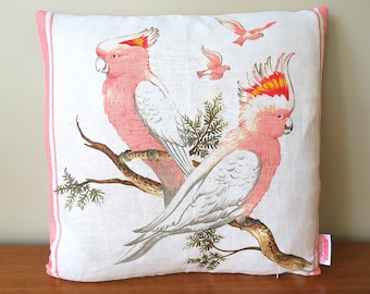 Australian Major Mitchell’s COCKATOOS Tea Towel Cushion -  Upcycled, Repurposed Linen, Christmas BIRTHDAY Gift
