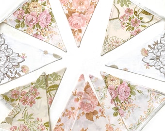 Flag Bunting - Spring Ivory Lace Vintage Florals . Boho Shabby Chic . Garden Party Decoration , High Tea / Kitchen Tea Wedding Pennant.