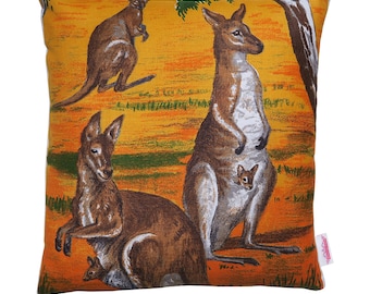 Kangaroos Cushion . Made from a linen Vintage Retro Tea Towel - HANDMADE - Christmas BIRTHDAY Gift