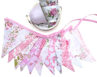 Tea Party Flag Bunting - Retro Pink MULTI Vintage Florals . Shabby Chic, Party Decoration . HANDMADE . Parties, High Tea, Wedding