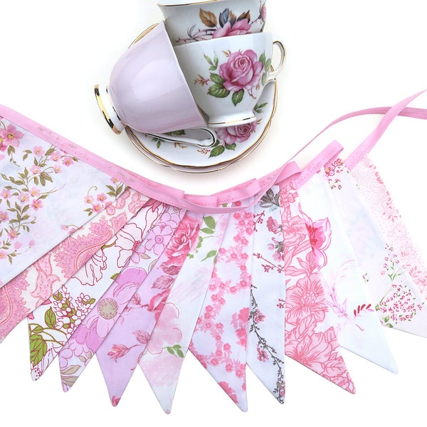 Tea Party Flag Bunting - Retro Pink MULTI Vintage Florals . Shabby Chic, Party Decoration . HANDMADE . Parties, High Tea, Wedding