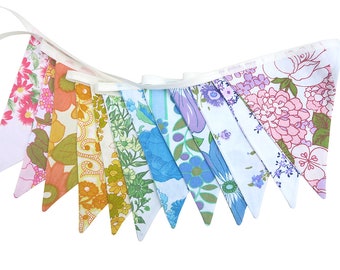 RAINBOW Bunting - Retro Multi-Colour Vintage Floral Fabric Flags . HANDMADE . Corporate Events, Birthday Parties, Garden Party