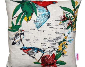 New South Wales Australia Cushion , NSW Wildflowers and Birds , Vintage Retro Linen ,  HANDMADE , Upcycled , Christmas BIRTHDAY Gift