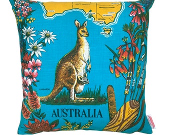 Cushion - Australia Kangaroo & Wildflowers . Made from a linen Vintage Retro Tea Towel , HANDMADE . Christmas   Birthday Gift