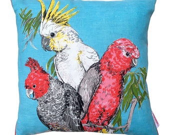 Australian Birds - Cockatoos, Galah CUSHION made from a linen Vintage Retro Tea Towel ,  HANDMADE , upcycled