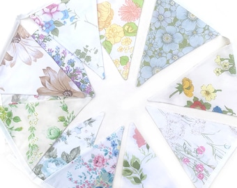 Flag Bunting Vintage - Retro Pretty Spring Pastel & Ivory / White Multi-Colour Floral Flags . HANDMADE . Kitchen High Tea Party, Wedding