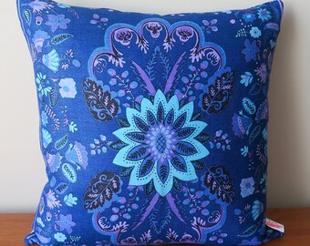 Cushion - Blue Retro Floral * Made from a linen Vintage Retro Tea Towel -  OOAK HANDMADE upcycled. Mother's Day - Gift