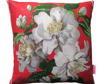Tea Towel Cushion , Vintage Retro linen , white Flowers on Red ,  HANDMADE , upcycled . Christmas  BIRTHDAY Gift