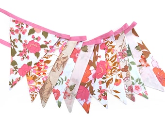 Handmade Bunting Australia - Vintage Retro Pink Peach Bright Floral Fabric Flags .  Party Decor. Birthday Parties. Sustainable / Reusable