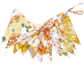 Bunting - Orange Yellow Multi Vintage Floral Flags . HANDMADE . Events, Birthday Parties, Garden Party