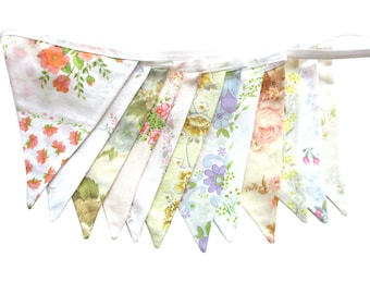 Flag Bunting Vintage - Retro Pretty Spring Pastel & Ivory / White Multi-Colour Floral Flags . HANDMADE . Kitchen High Tea Party, Wedding