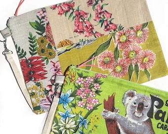 Australian Large Clutch Case Linen Zippered Pouch .  Wildflowers or Koala - Choose one . Eco - Upcycled . Mother's Day - Birthday Gift