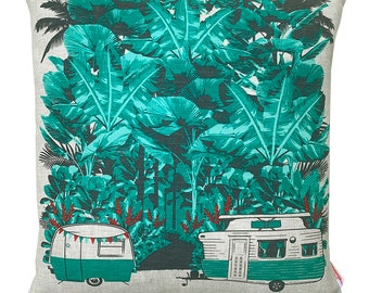 Cushion Cover - Tropical Vintage Retro Camping Caravan Holiday.   HANDMADE , upcycled . Mother's Day -  BIRTHDAY - Christmas Gift