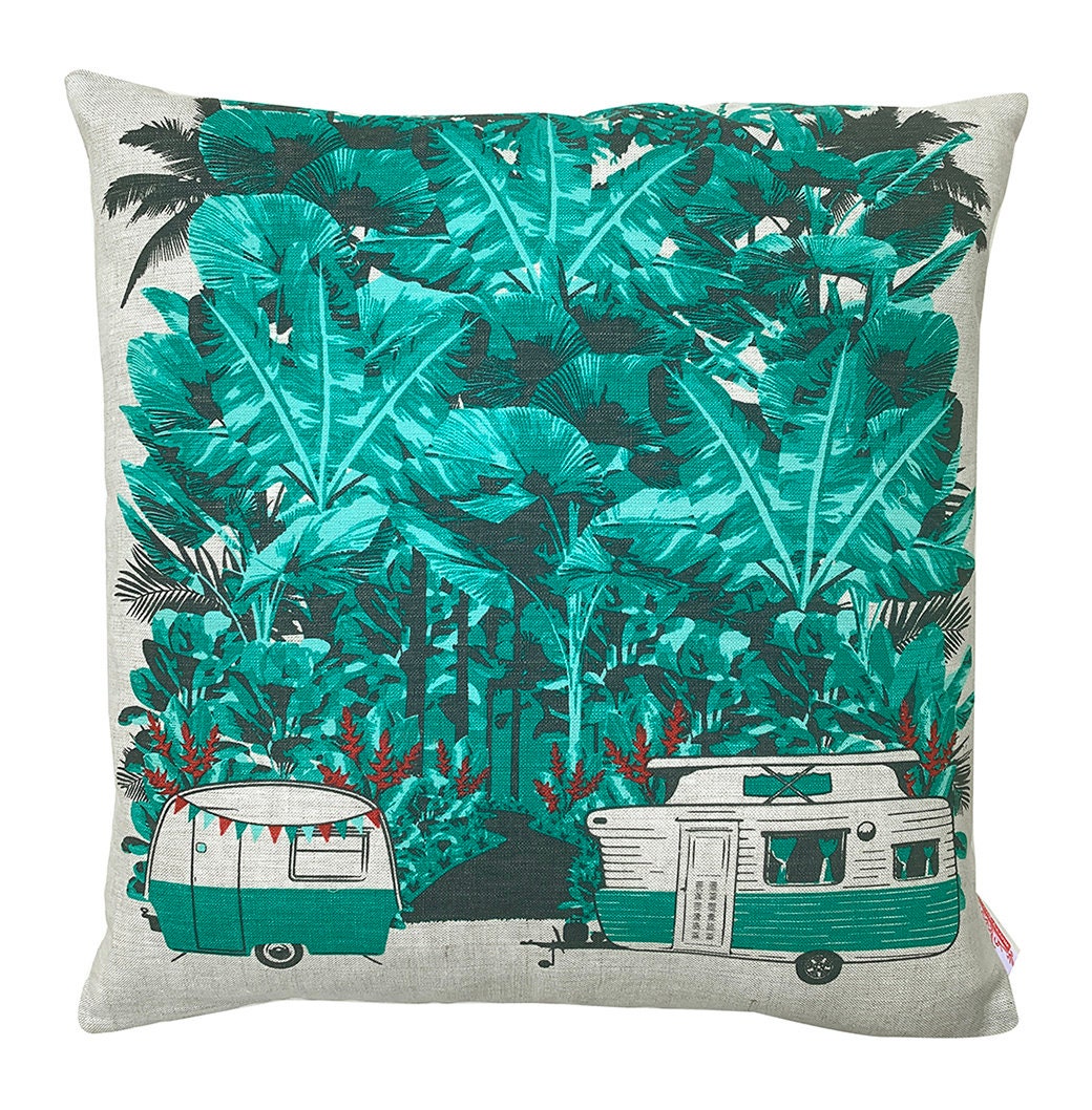 Cushion Cover - Tropical Vintage Retro Camping Caravan Holiday.   HANDMADE , upcycled . Mother's Day -  BIRTHDAY - Christmas Gift